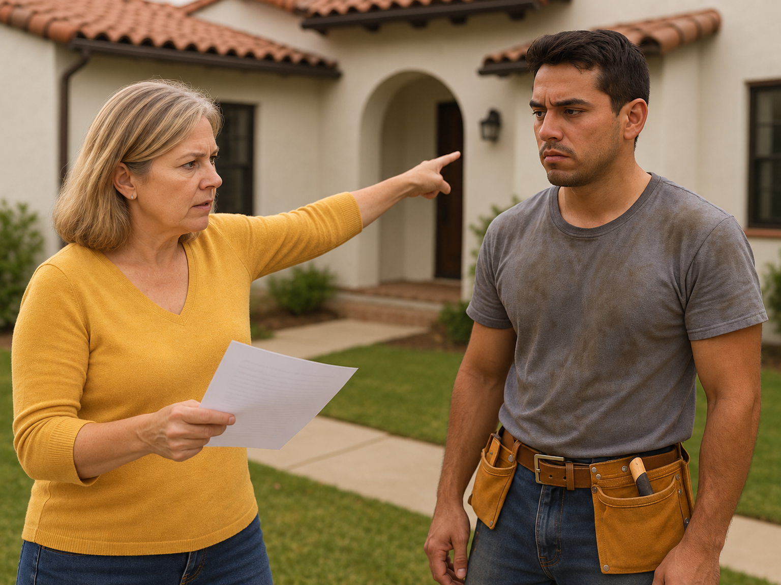 A contractor and homeowner talking at a residential jobsite