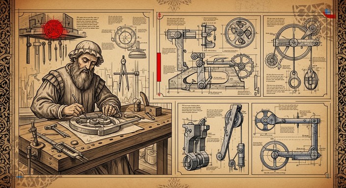 Renaissance-era engineering blueprint showing a craftsman designing machines