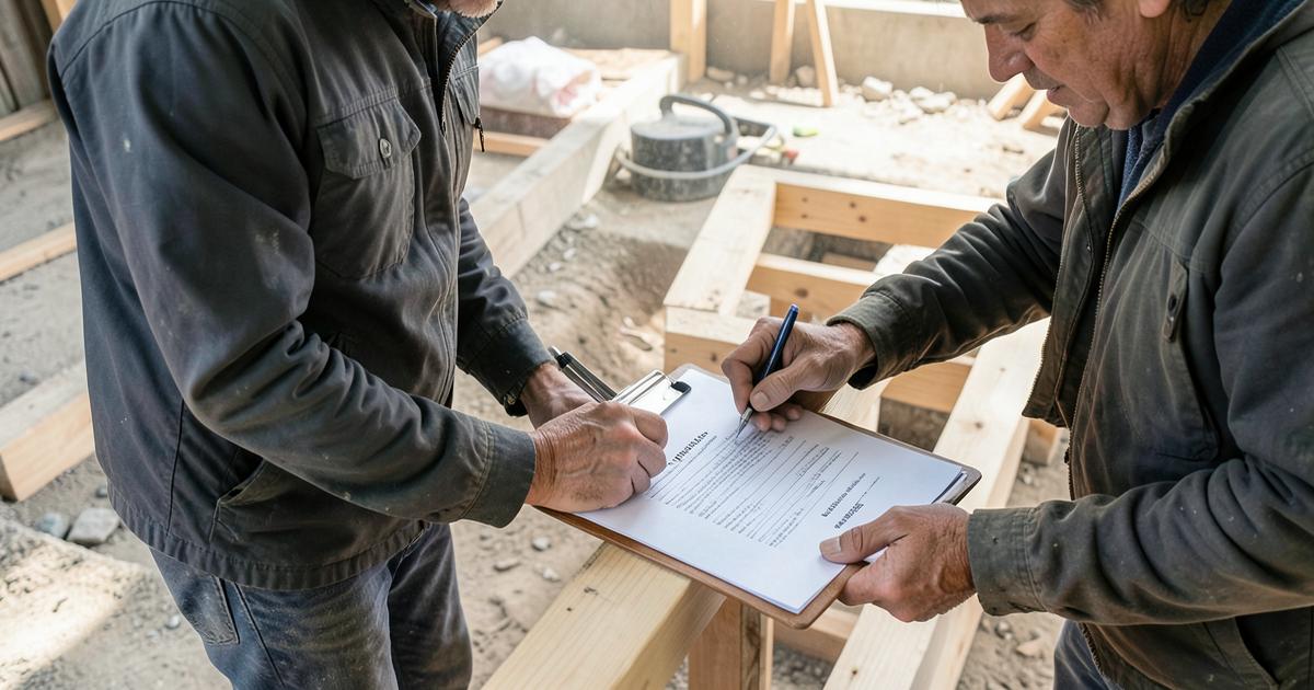 Two workers on a framing jobsite sign a change order form on a clipboard resting on unfinished lumber.