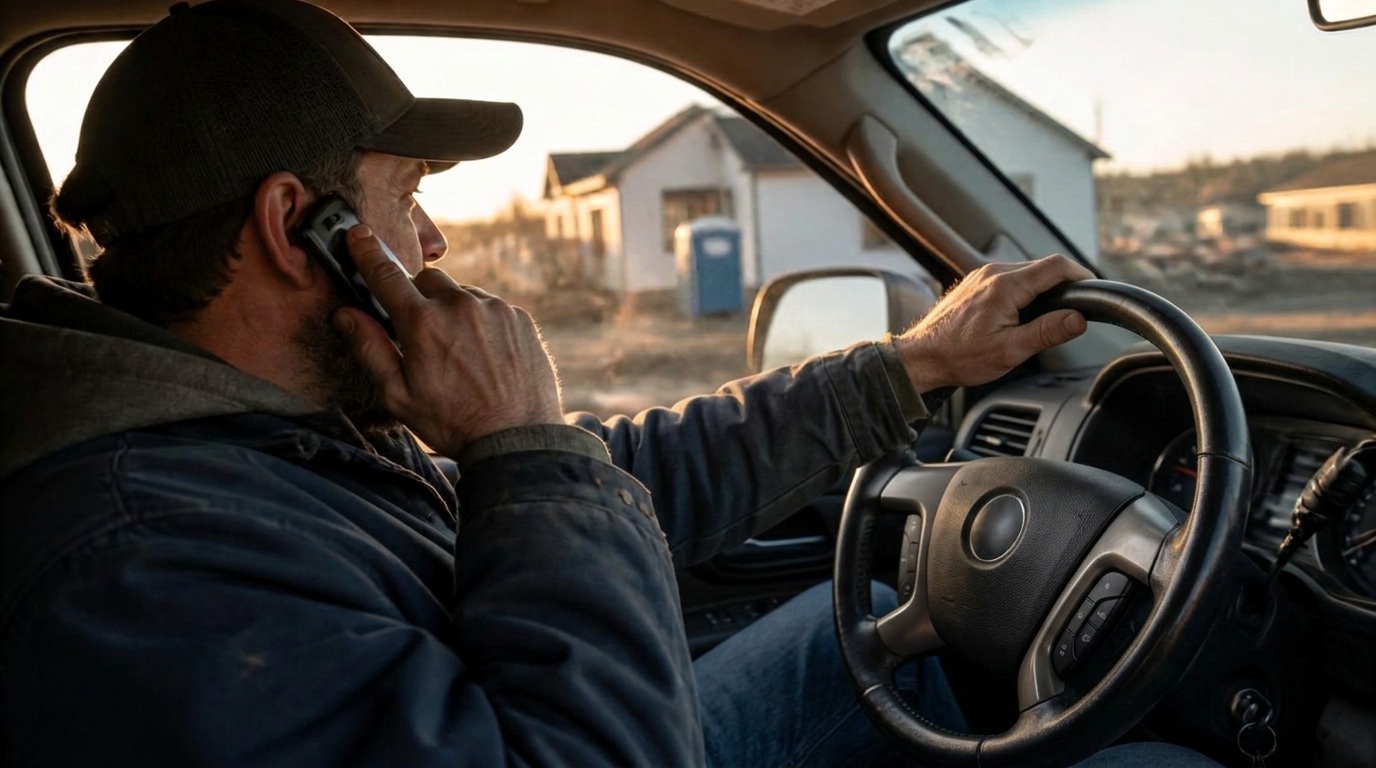 A contractor sits in his pickup truck at a jobsite, phone to his ear, holding a notepad of handwritten questions on top of a clipboard estimate form.