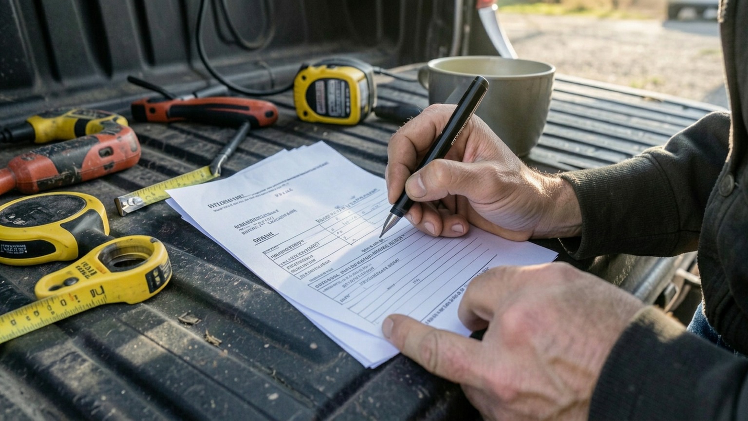 A contractor writes a payment schedule on a printed contract laid across a pickup truck tailgate surrounded by tools.