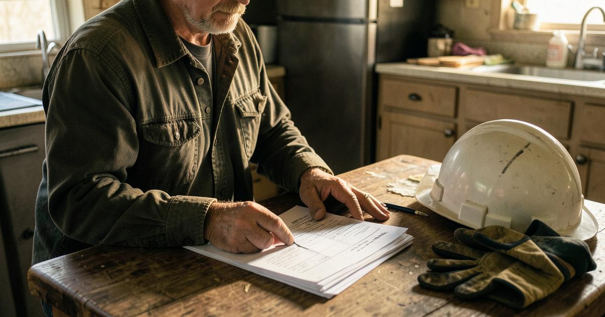 A contractor sits at a kitchen table reviewing a stack of unpaid invoices next to a hard hat and work gloves.