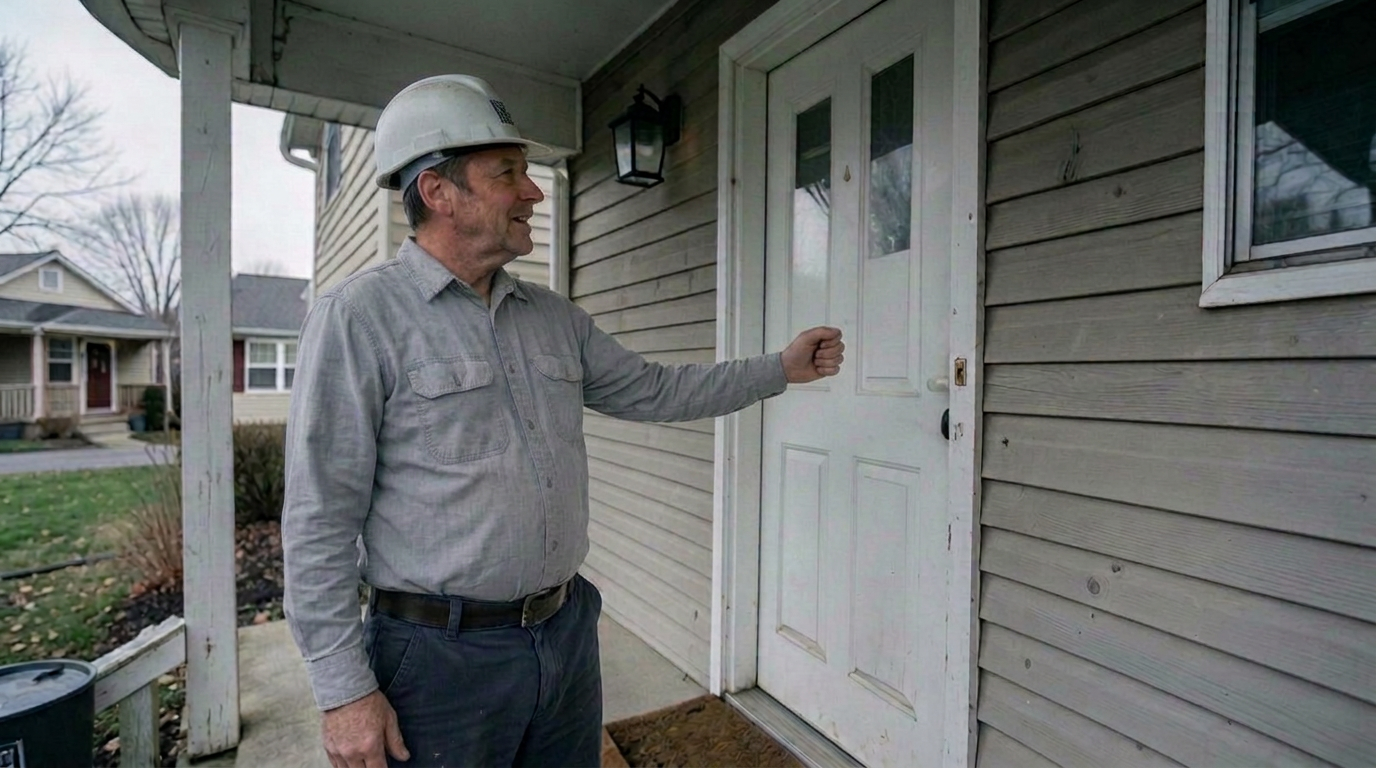 A contractor in a hard hat raises his fist to knock on a suburban home's front door.