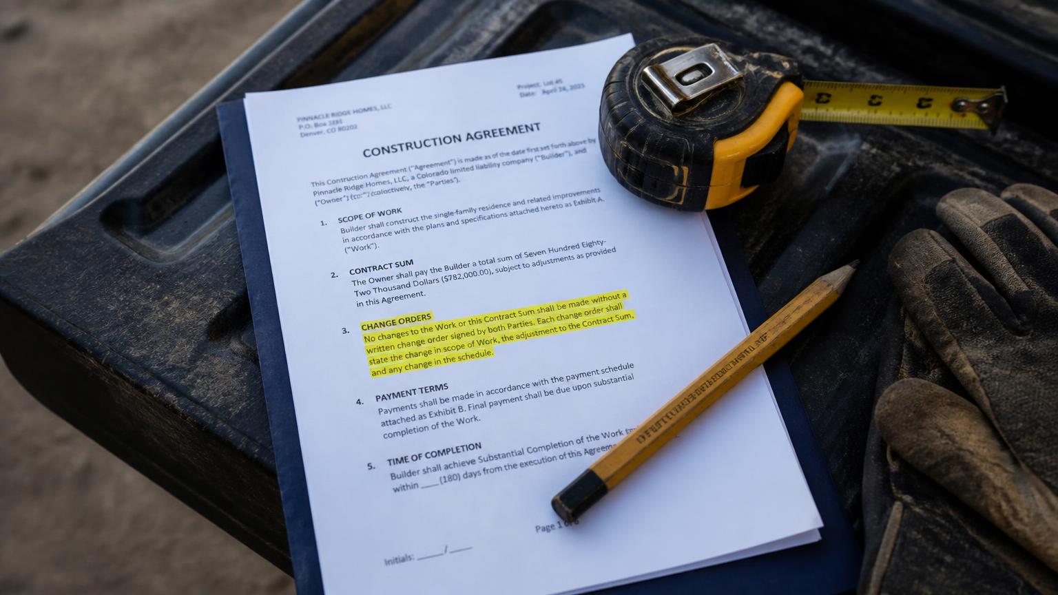 A printed construction agreement on a truck tailgate with the change-orders clause highlighted in yellow, weighted down by a carpenter pencil, tape measure and work gloves.