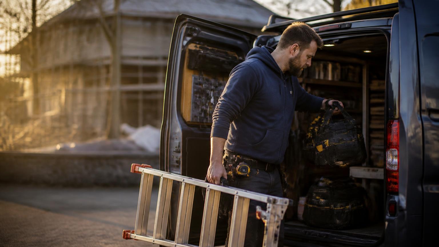 A tradesman loads a ladder and tool bags back into his work van at dusk, the unfinished jobsite blurred behind him.